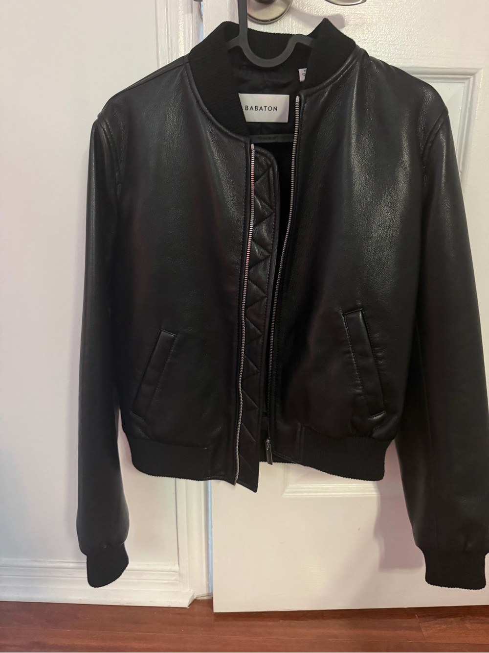 Babaton Black Leather Bomber with Quilted Placket